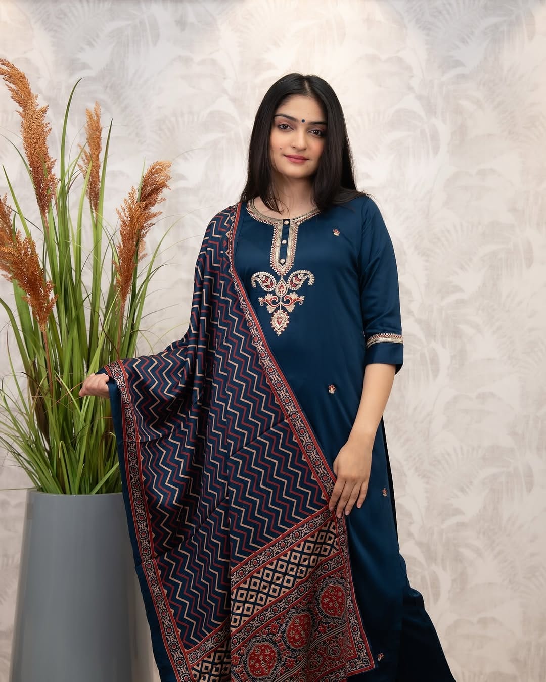 The52 Women's Gorgeous Chanderi Silk Embroidery Straight Kurta with Pant and Dupatta Set