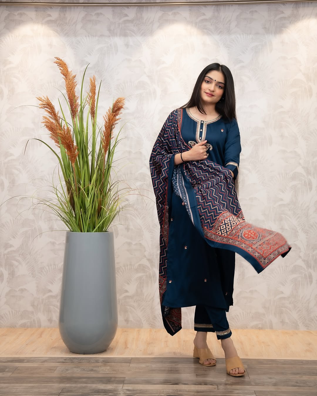The52 Women's Gorgeous Chanderi Silk Embroidery Straight Kurta with Pant and Dupatta Set