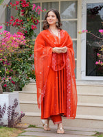 Thumbnail for The52 Women Beautiful Viscose Chanderi Fabric Flared Kurta, Pant and Dupatta Set