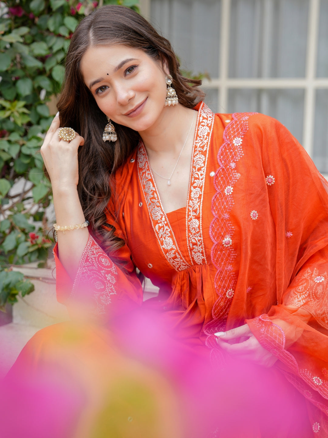 The52 Women Beautiful Viscose Chanderi Fabric Flared Kurta, Pant and Dupatta Set