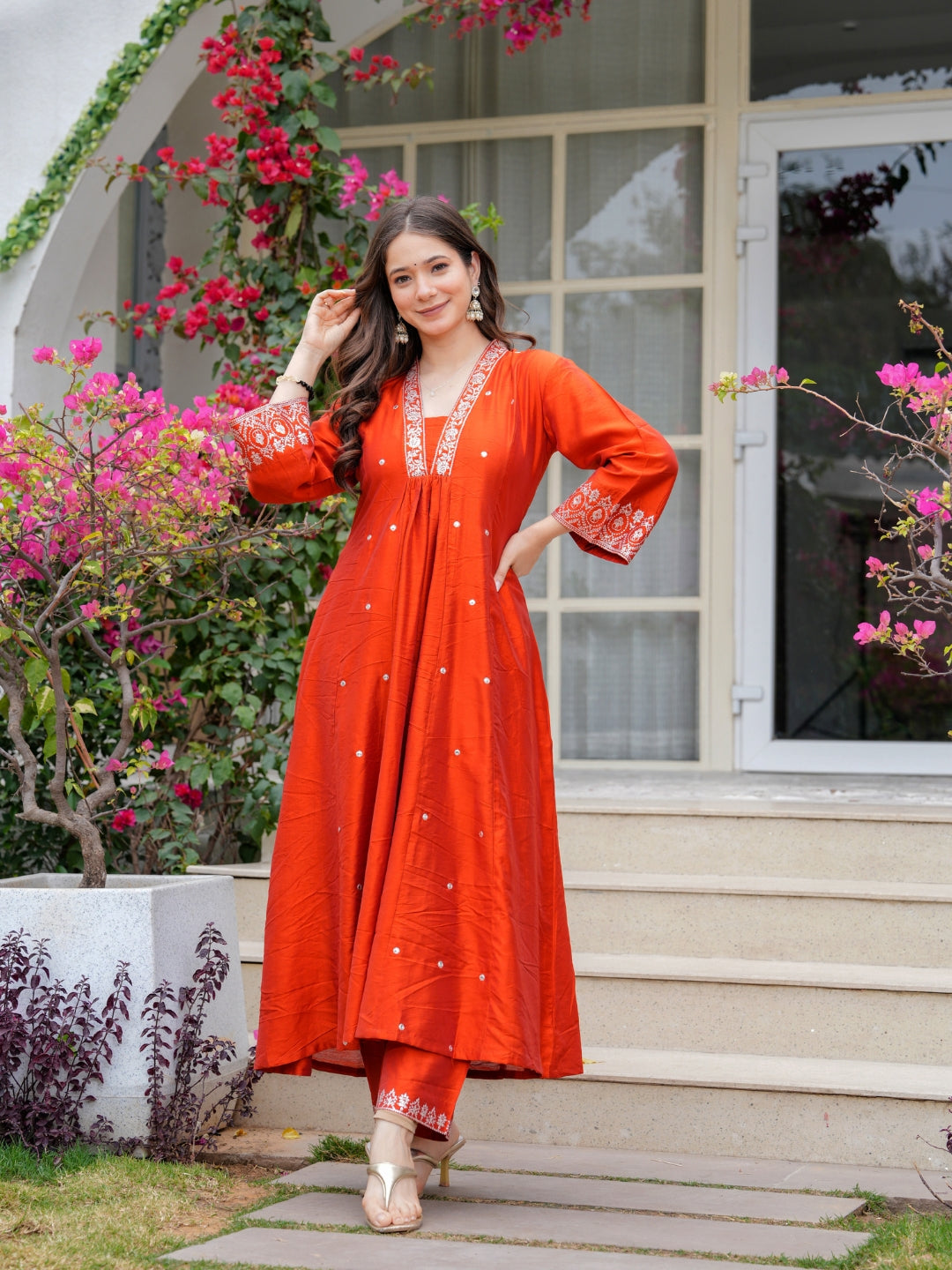 The52 Women Beautiful Viscose Chanderi Fabric Flared Kurta, Pant and Dupatta Set