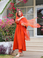 Thumbnail for The52 Women Beautiful Viscose Chanderi Fabric Flared Kurta, Pant and Dupatta Set