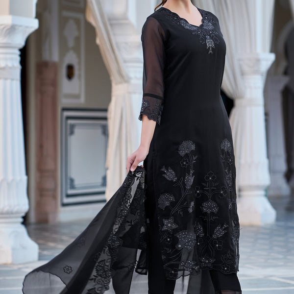 The52 Women's Gorgeous Fox Georgette Embroidery Straight Kurta with Pant and Dupatta Set - Distacart