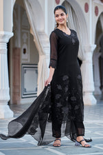 Thumbnail for The52 Women's Gorgeous Fox Georgette Embroidery Straight Kurta with Pant and Dupatta Set