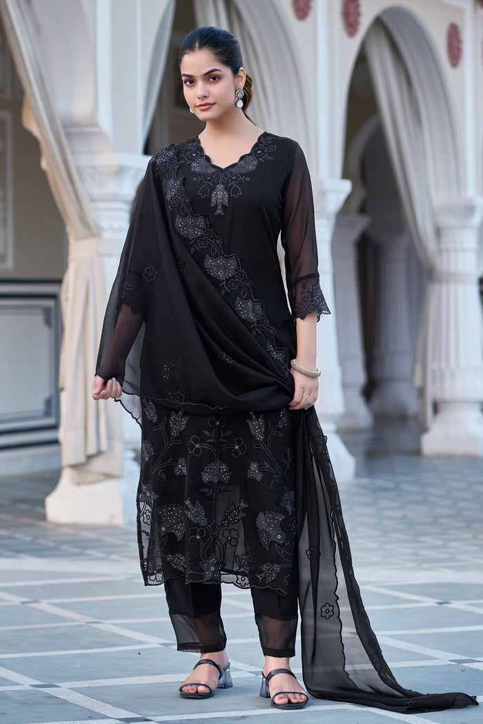 The52 Women's Gorgeous Fox Georgette Embroidery Straight Kurta with Pant and Dupatta Set