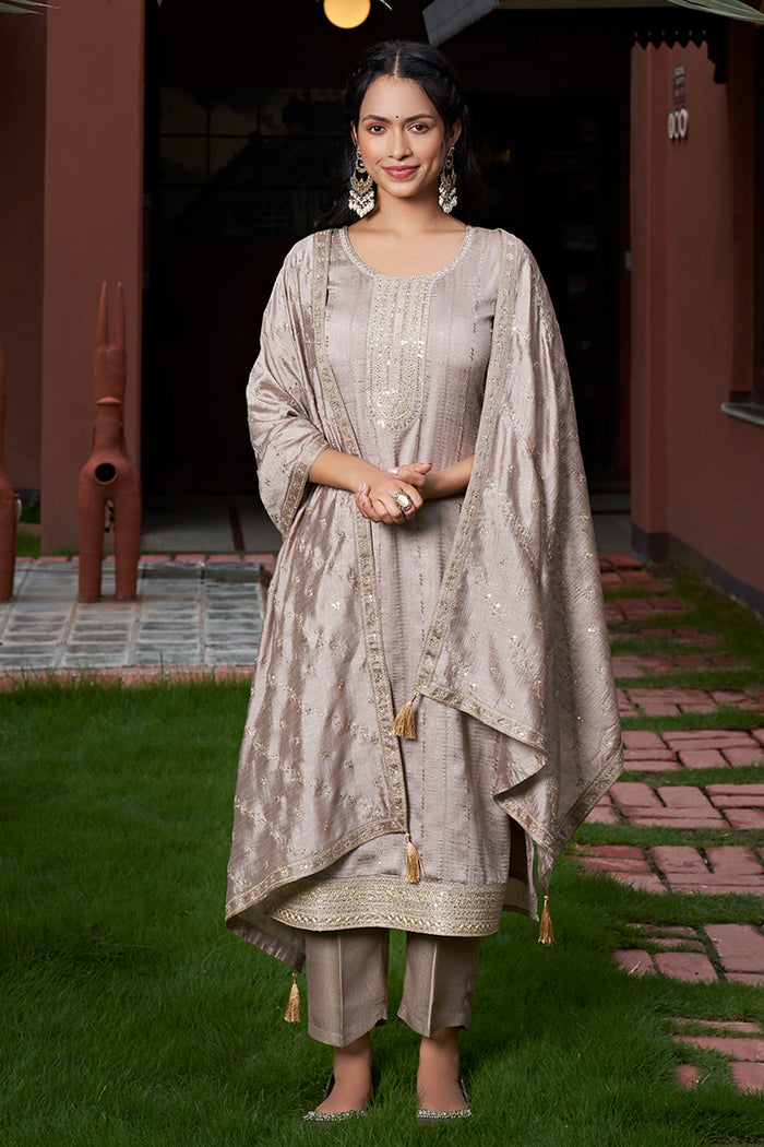 The52 Women's Gorgeous Vichitra Silk Embroidery Straight Kurta with Pant and Dupatta Set