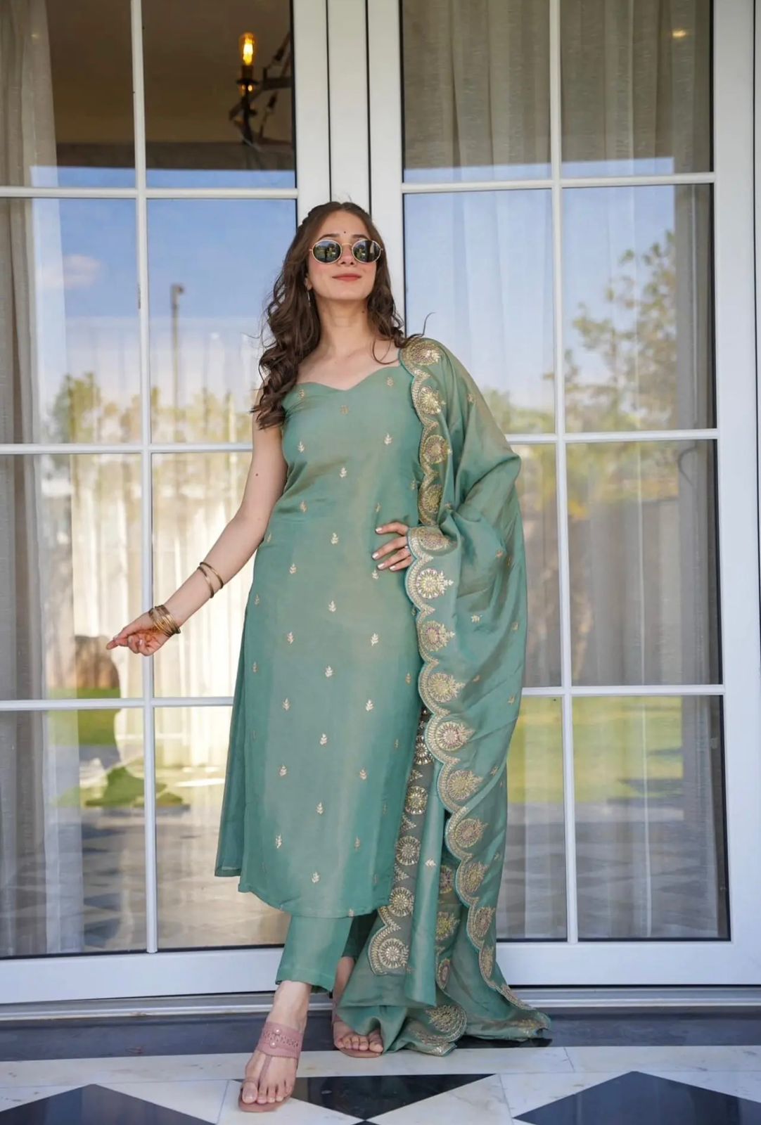 The52 Women Viscose Zari Chanderi Fabric Straight Kurta, Pant and Dupatta Set