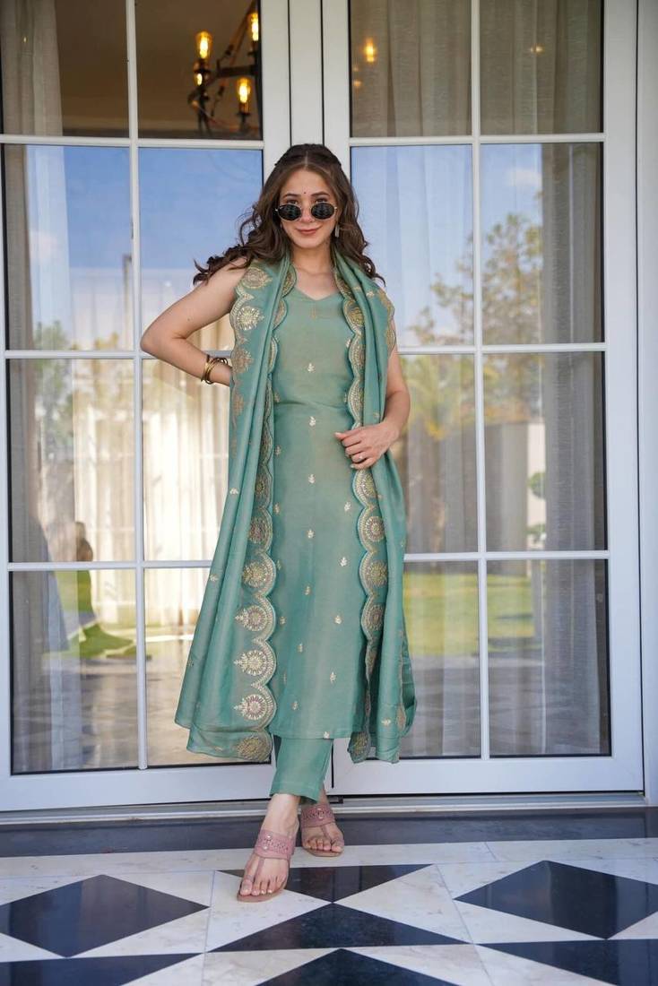 The52 Women Viscose Zari Chanderi Fabric Straight Kurta, Pant and Dupatta Set