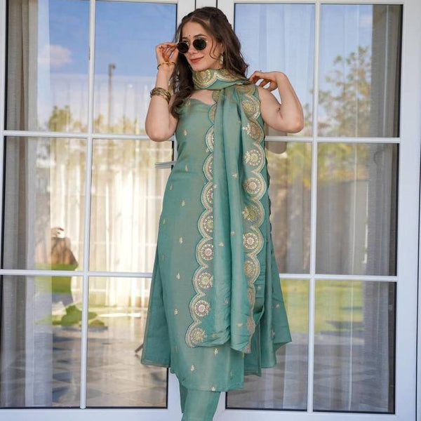 The52 Women Viscose Zari Chanderi Fabric Straight Kurta, Pant and Dupatta Set - Distacart