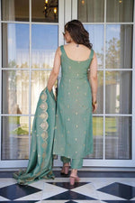 Thumbnail for The52 Women Viscose Zari Chanderi Fabric Straight Kurta, Pant and Dupatta Set