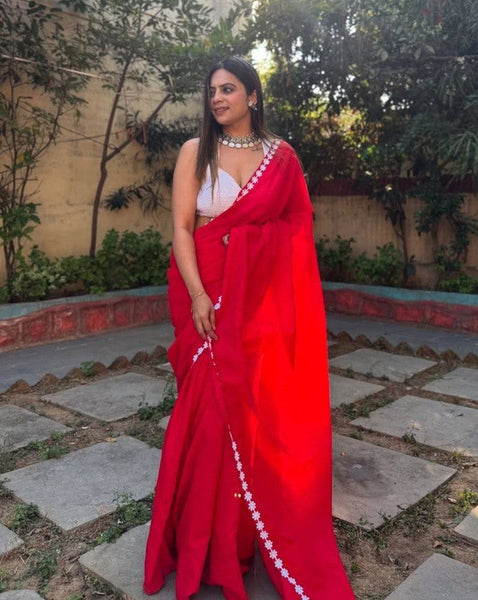 NOZ2TOZ Women's Georgette Lace Border Red Saree With Blouse Piece - Distacart