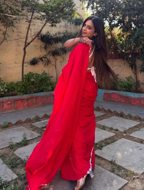 NOZ2TOZ Women's Georgette Lace Border Red Saree With Blouse Piece - Distacart