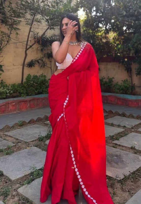 NOZ2TOZ Women's Georgette Lace Border Red Saree With Blouse Piece - Distacart