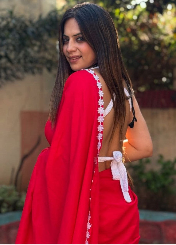 NOZ2TOZ Women's Georgette Lace Border Red Saree With Blouse Piece - Distacart