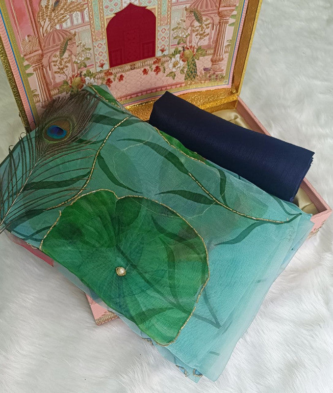 NOZ2TOZ Women's Organza Digital print Hand Work Green Saree With Blouse Piece - Distacart