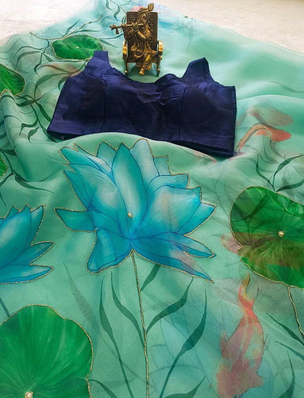 NOZ2TOZ Women's Organza Digital print Hand Work Green Saree With Blouse Piece - Distacart