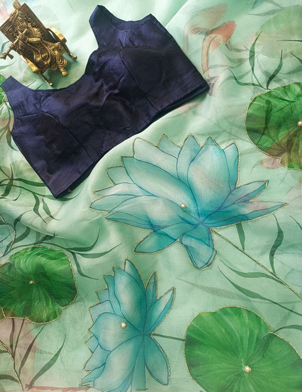 NOZ2TOZ Women's Organza Digital print Hand Work Green Saree With Blouse Piece - Distacart