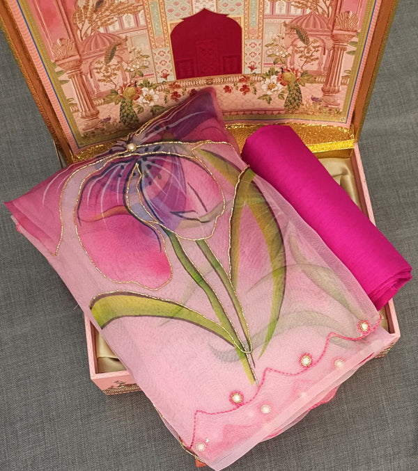 Malishka Women's Organza Digital print Hand Work Pink Saree With Blouse Piece - Pink - Distacart