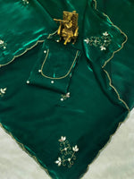 Thumbnail for Malishka Women's Jimmy Chu Hand Work Hand Work Green Saree With Blouse Piece - Green - Distacart