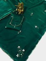 Thumbnail for Malishka Women's Jimmy Chu Hand Work Hand Work Green Saree With Blouse Piece - Green - Distacart