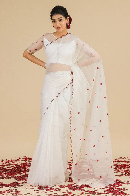 NOZ2TOZ Women's Organza Silk Digital print Aari Work White Saree With Blouse Piece - Distacart