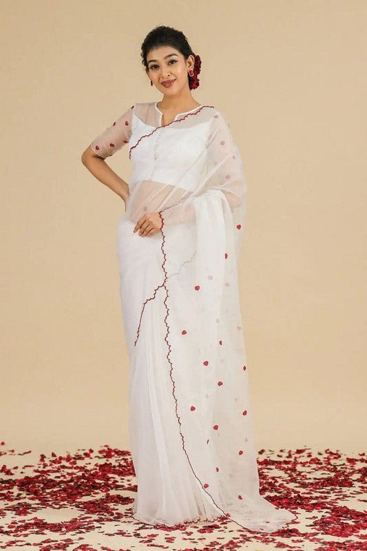 NOZ2TOZ Women's Organza Silk Digital print Aari Work White Saree With Blouse Piece - Distacart