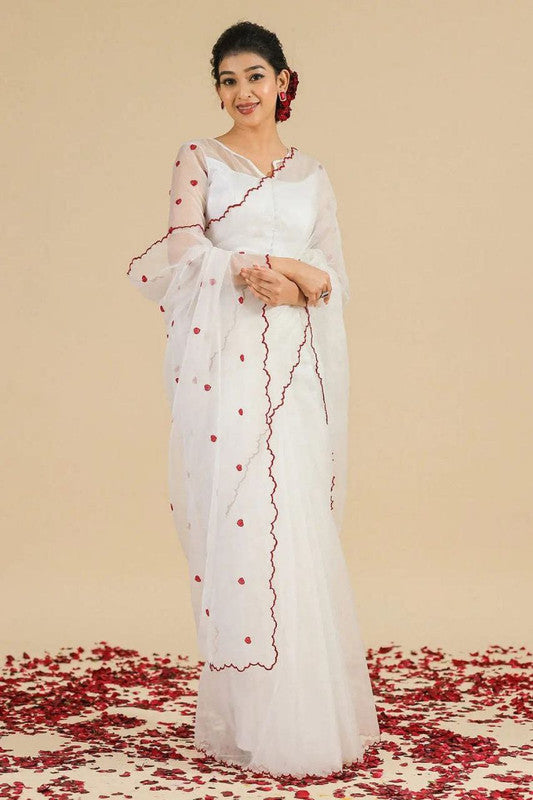 NOZ2TOZ Women's Organza Silk Digital print Aari Work White Saree With Blouse Piece - Distacart