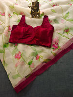 Thumbnail for NOZ2TOZ Women's Organza Digital print Hand Work Cream Saree With Blouse Piece - Distacart