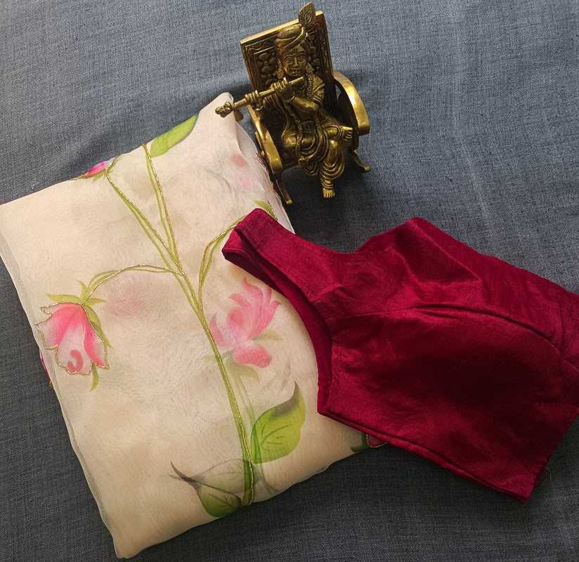 NOZ2TOZ Women's Organza Digital print Hand Work Cream Saree With Blouse Piece - Distacart