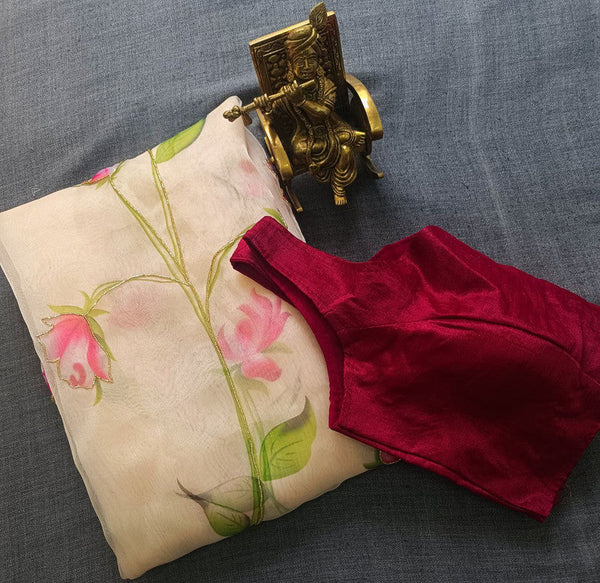 NOZ2TOZ Women's Organza Digital print Hand Work Cream Saree With Blouse Piece - Distacart