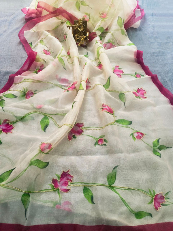 NOZ2TOZ Women's Organza Digital print Hand Work Cream Saree With Blouse Piece - Distacart