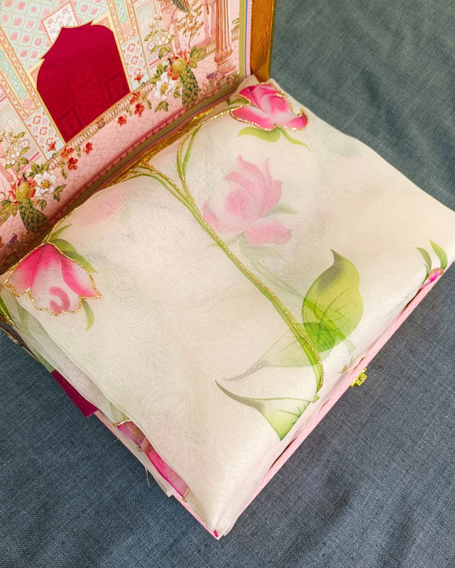 NOZ2TOZ Women's Organza Digital print Hand Work Cream Saree With Blouse Piece - Distacart