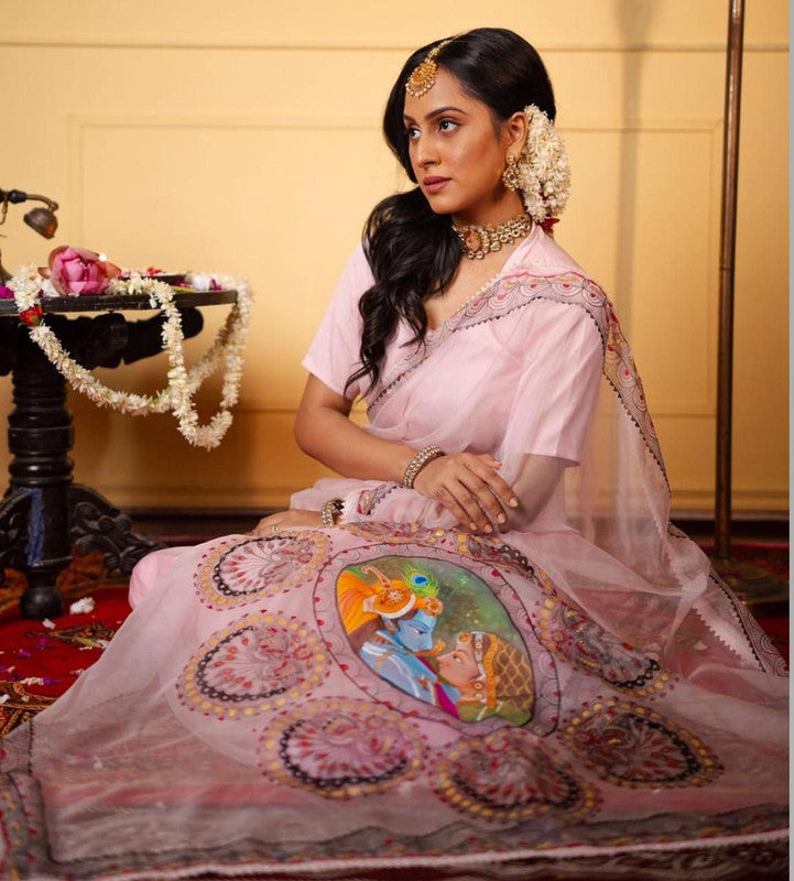 NOZ2TOZ Women's Organza Digital print Lace Peach Saree With Blouse Piece - Distacart