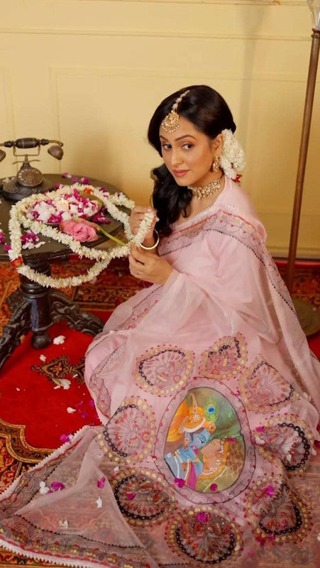 NOZ2TOZ Women's Organza Digital print Lace Peach Saree With Blouse Piece - Distacart