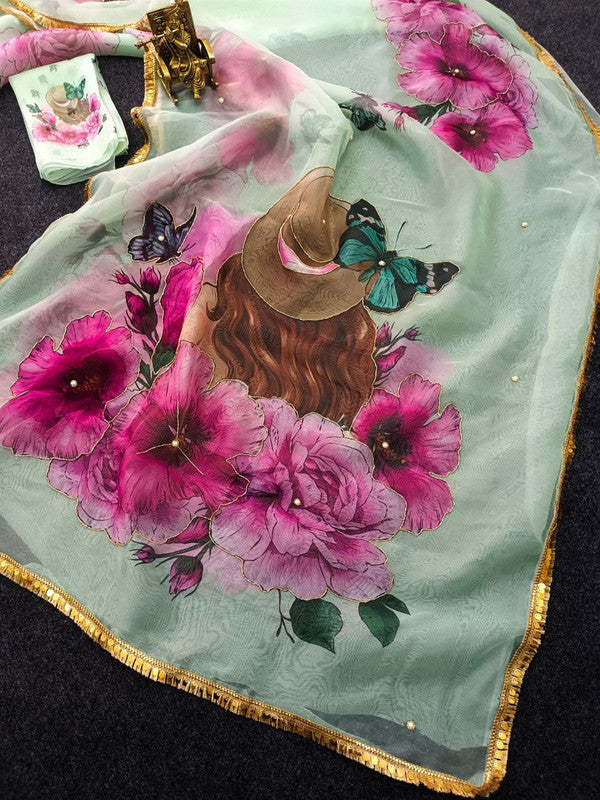 NOZ2TOZ Women's Organza Digital print Hand Work Pista Saree With Blouse Piece - Distacart