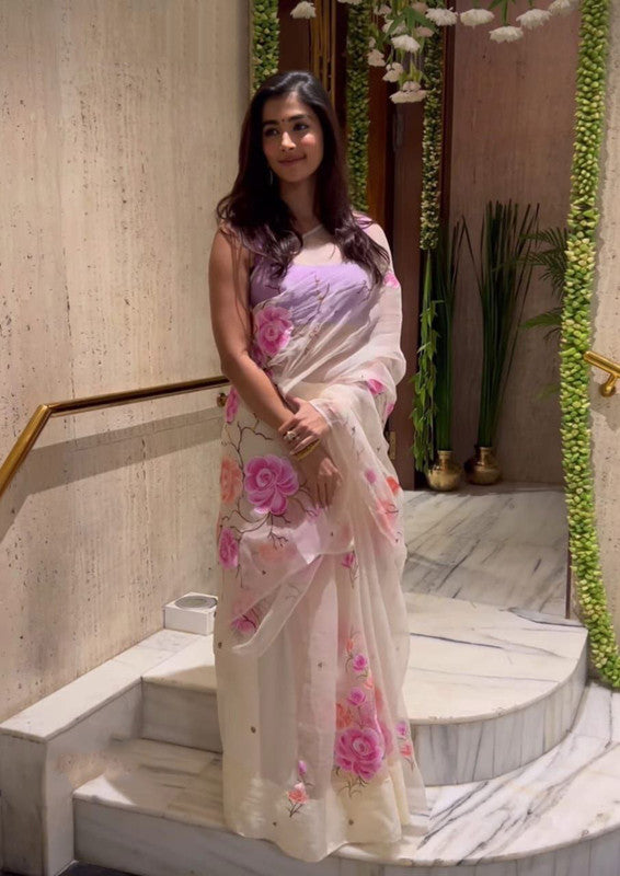 NOZ2TOZ Women's Organza Digital print Sequence White Saree With Blouse Piece - Distacart