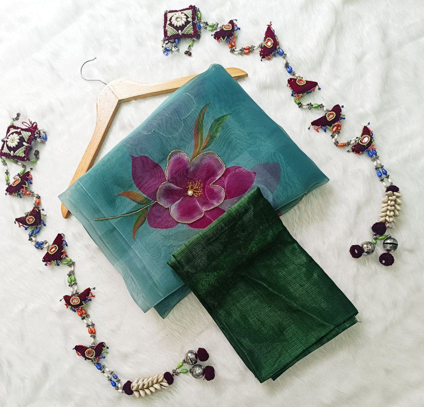 NOZ2TOZ Women's Organza Digital print Hand Work Green Saree With Blouse Piece - Distacart