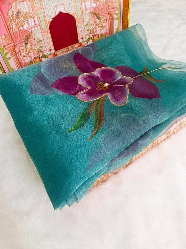 NOZ2TOZ Women's Organza Digital print Hand Work Green Saree With Blouse Piece - Distacart