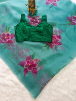 Thumbnail for Malishka Women's Organza Digital print Hand Work Green Saree With Blouse Piece - Green - Distacart