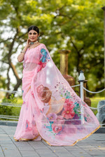 Thumbnail for Malishka Women's Organza Digital print Hand Work Pink Saree With Blouse Piece - Pink - Distacart