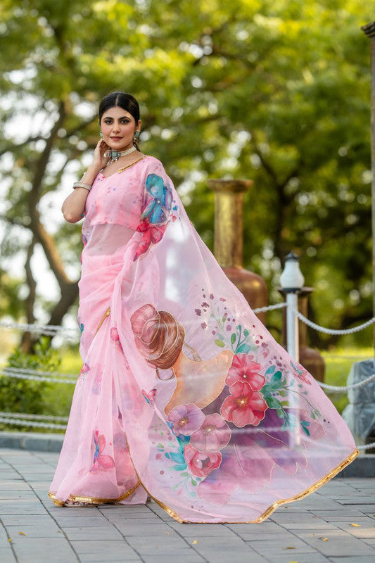 Malishka Women's Organza Digital print Hand Work Pink Saree With Blouse Piece - Pink - Distacart