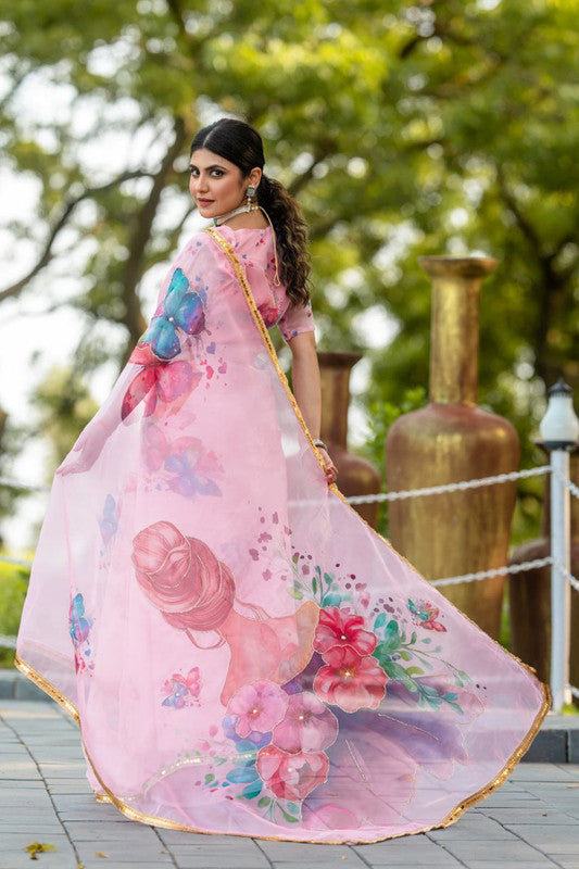 NOZ2TOZ Women's Organza Digital print Hand Work Pink Saree With Blouse Piece - Distacart