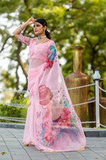 Thumbnail for Malishka Women's Organza Digital print Hand Work Pink Saree With Blouse Piece - Pink - Distacart