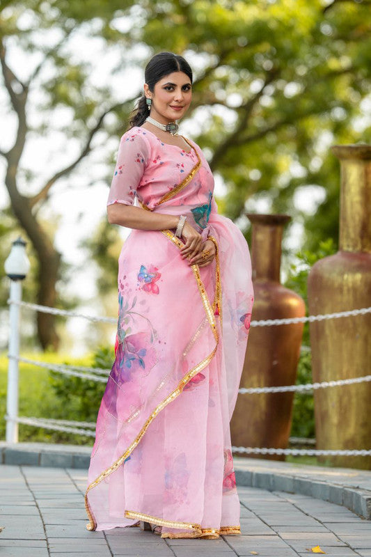 Malishka Women's Organza Digital print Hand Work Pink Saree With Blouse Piece - Pink - Distacart