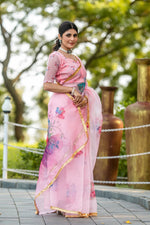 Thumbnail for Malishka Women's Organza Digital print Hand Work Pink Saree With Blouse Piece - Pink - Distacart