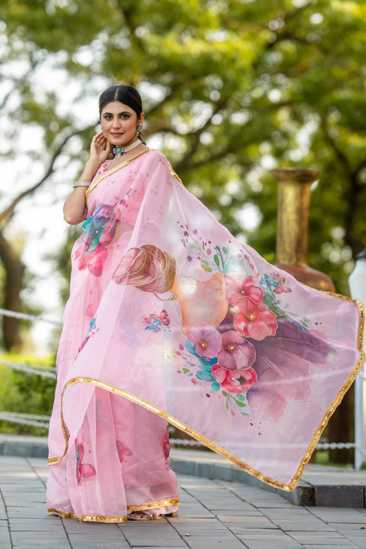 Malishka Women's Organza Digital print Hand Work Pink Saree With Blouse Piece - Pink - Distacart