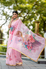 Thumbnail for Malishka Women's Organza Digital print Hand Work Pink Saree With Blouse Piece - Pink - Distacart