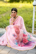 Thumbnail for Malishka Women's Organza Digital print Hand Work Pink Saree With Blouse Piece - Pink - Distacart