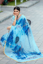 Thumbnail for NOZ2TOZ Women's Organza Digital print Hand Work Sky Saree With Blouse Piece - Distacart