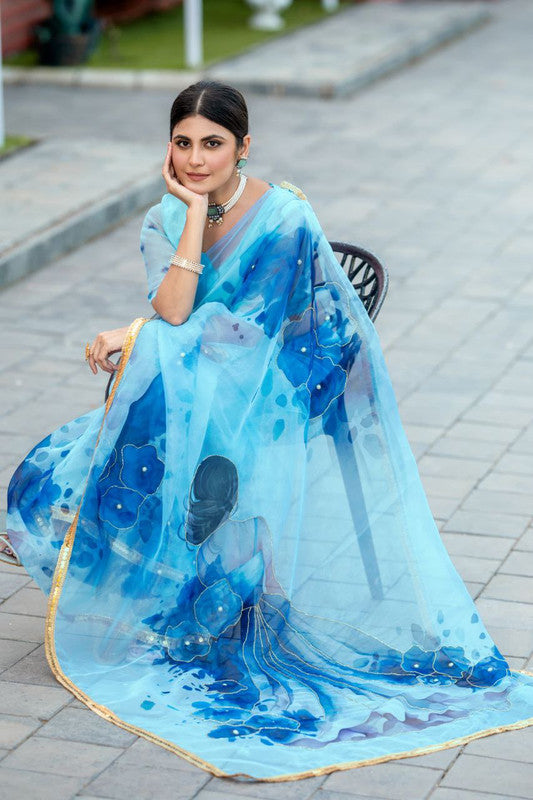 NOZ2TOZ Women's Organza Digital print Hand Work Sky Saree With Blouse Piece - Distacart